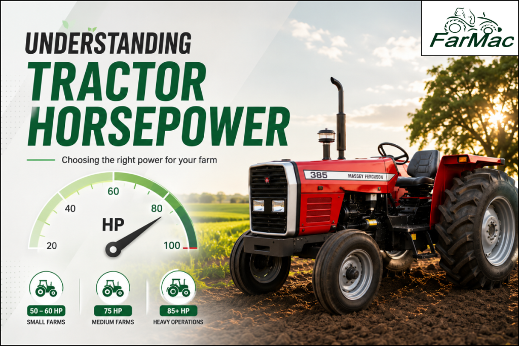 Understanding tractor horsepower with a Massey Ferguson tractor in a farm field, showing how different power ranges suit small, medium, and large farming operations.