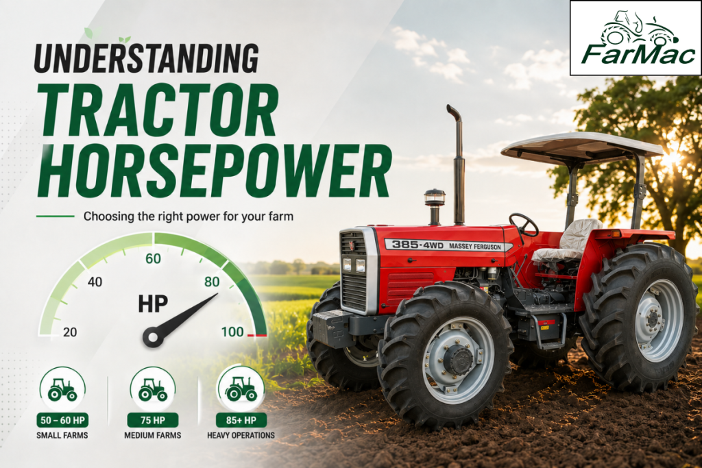 Understanding tractor horsepower with a Massey Ferguson tractor in a farm field, showing how different power ranges suit small, medium, and large farming operations.